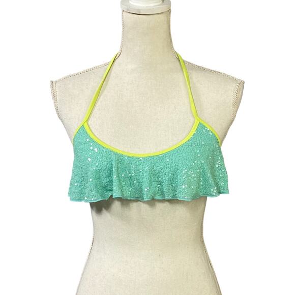 Victoria's Secret Aqua Green Sequin Halter Bikini Top SZ Small Swimwear Beach - Picture 1 of 10